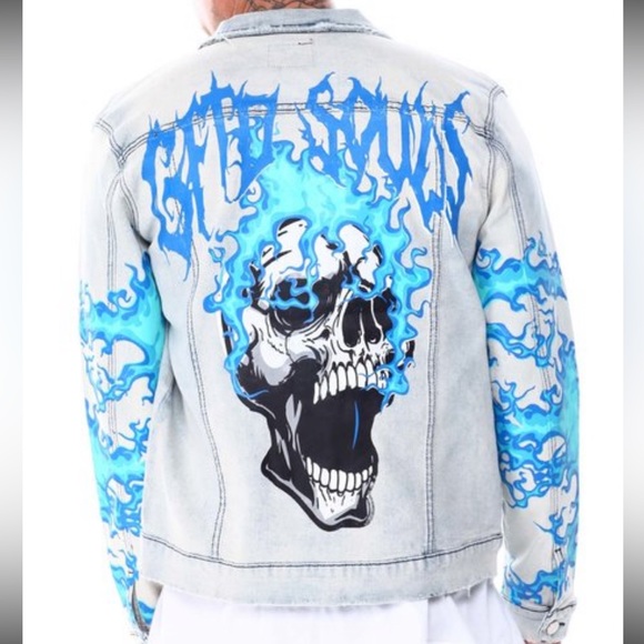 NWT!!! Mens “ Rock Star Status” denim jacket w/ stylish flame/ skull appliqués - Picture 3 of 5